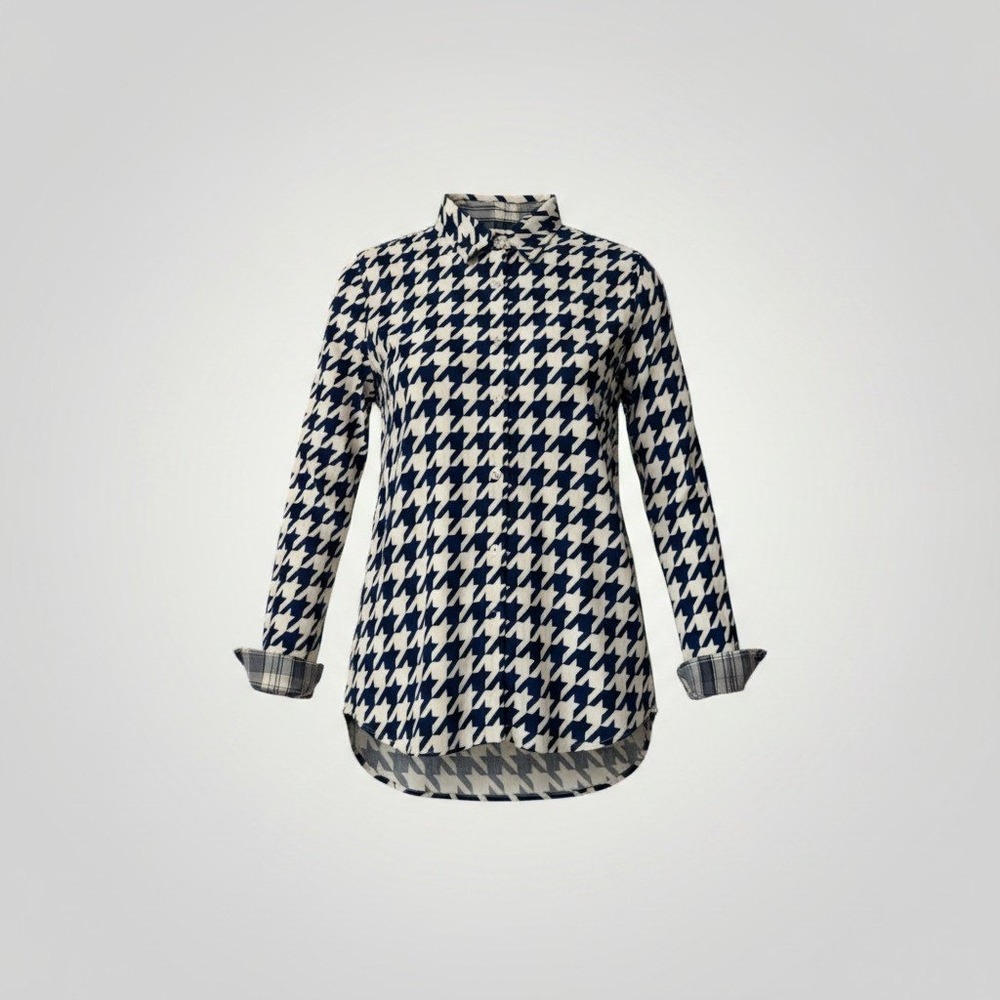 Tizzie Dizzy Lizzie Houndstooth Shirt Women Large Blue Plaid Contrast Cuff
